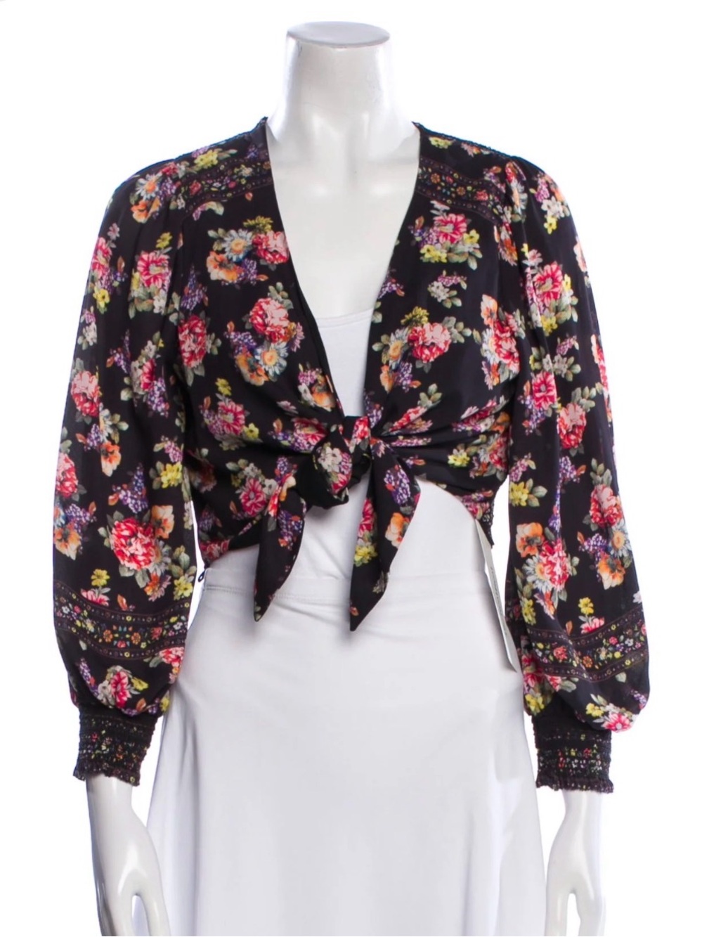 Alice + Olivia Marlee Black Floral Tie-Front Puff Sleeve Blouse xs